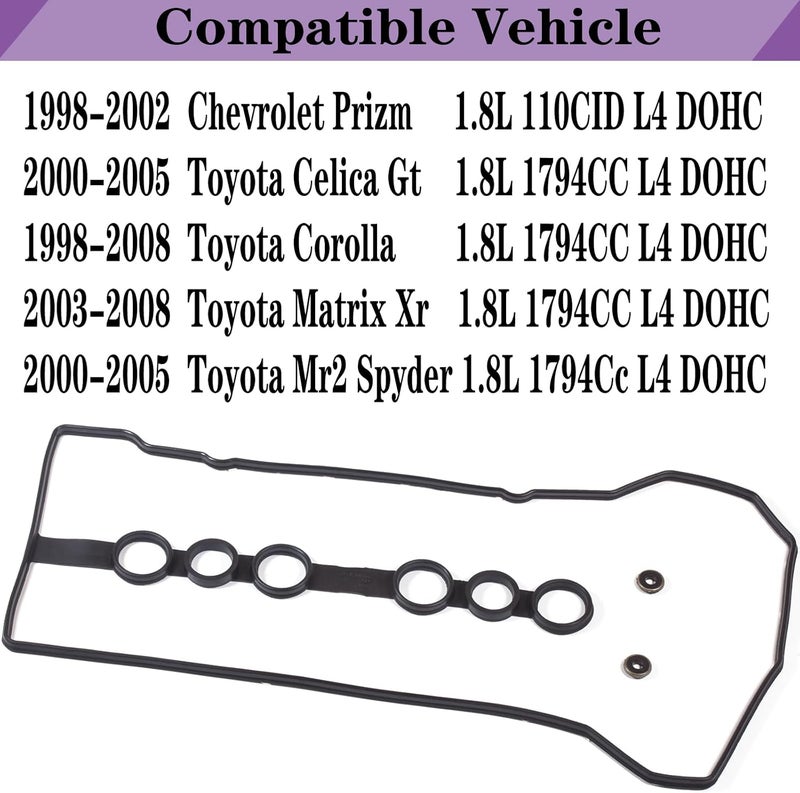 LYNSHINE VS50542R for Toyota Corolla Valve Cover Gasket Seal 1.8L& Gromets,Toyota Matrix Celica Mr2 Head Gasket Seal Chevrolet Chevy Prizm 2000 2001 2002 2003 2004 2005 2006 2007 2008 VC2024 036-1568. - Image 2